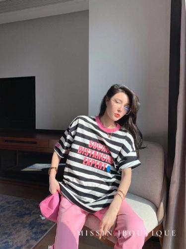 2021夏季新款全棉条纹韩版贴标短袖，女装，程稀