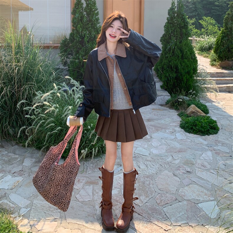 美式黑色拼接假两件机车服短外套女春秋超火好看高级小众夹克上衣,女装皮衣,2C056