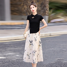 2025年夏季新款时尚新中式印花盘扣立领半身裙两件套，女装套装/套裙，蓝诺裳