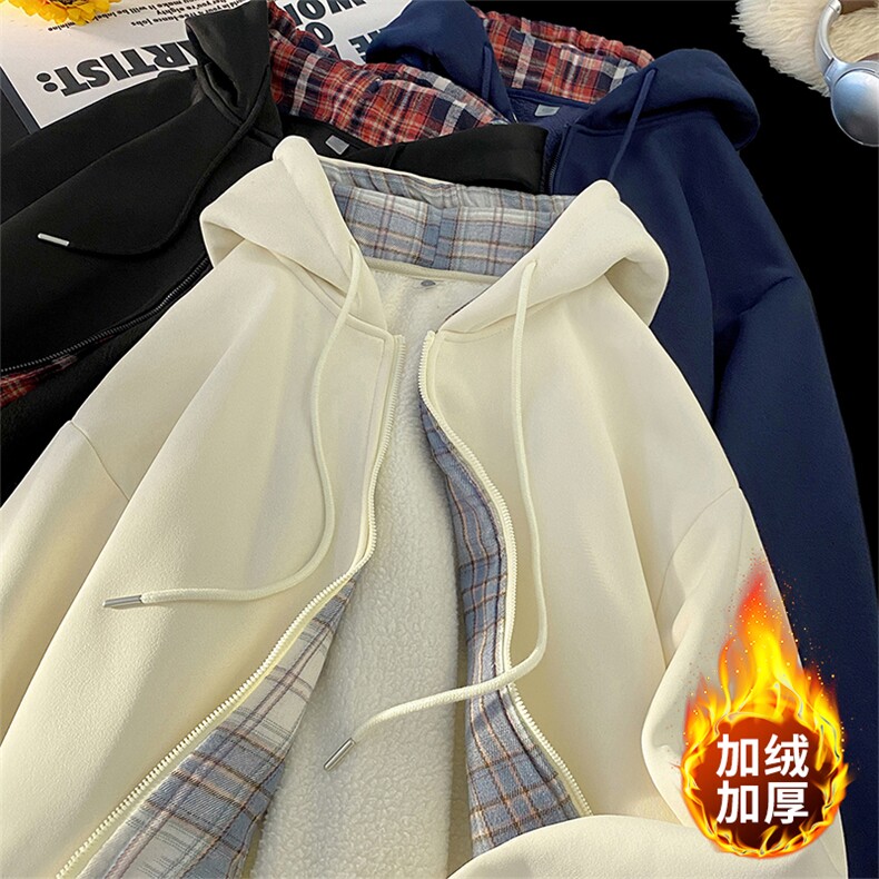 毛毯风格子开衫连帽卫衣宽松2026冬季潮牌加绒外套A436-117-P60,男装卫衣,电商A436