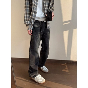 美式复古水洗做旧泼墨宽松直筒牛仔裤男女休闲百搭长裤潮图片
