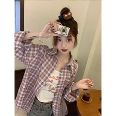 Chic韩系慵懒印花透气薄外套女2025新款时尚紫色格子长袖衬衫，男装衬衫，星座506A