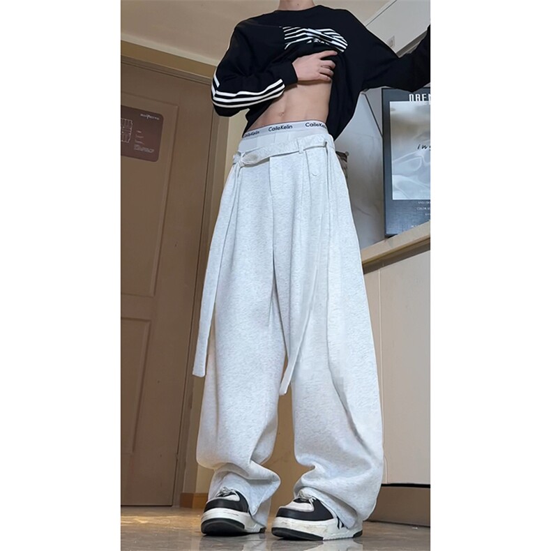 现货A2003TP55控98-秋冬新款潮流飘带设计感裤子男宽松垂感休闲裤,男装休闲裤,电商B241