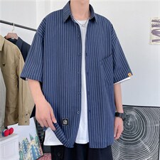 L夏季韩版竖条纹短袖衬衫bf风宽松休闲半袖男衬衣男W2991-P28，男装衬衫，星座512-2