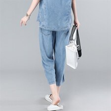 捡漏~时尚妈妈中老年牛仔印花拼接短袖上衣显瘦七分裤女，女装牛仔裤，叶笙衣