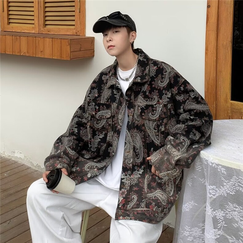 牛仔外套男韩版潮流腰果花高街2023春秋新款ins宽松夹克W4451-P65,男装大码男装,星座412-3