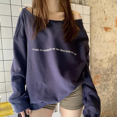 QC035-P35美式斜肩字母印花卫衣藏青色宽松长袖上衣，女装卫衣/绒衫，星座617A-2