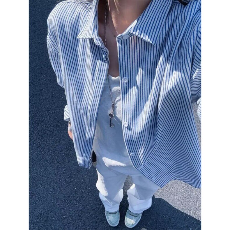 竖条纹松弛感长袖衬衫男女春秋季少年感寸衫休闲美式复古衬衣外套，男装衬衫，星座1210-1