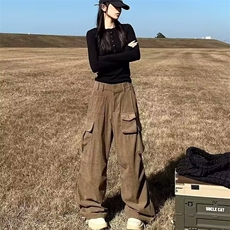 美式复古重工多口袋美拉德棕色工装裤子女2025夏辣妹弯刀拖地长裤，男装工装外套，星座506A