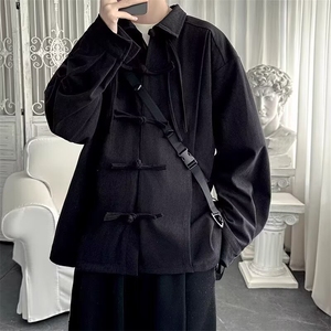 新中式风长袖衬衫男大码宽松休闲汉服唐装外套J215-P50,黑上衣搭配图图片