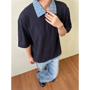 假两件格纹拼接短袖polo衫男夏季美式t恤上衣CTX20图片