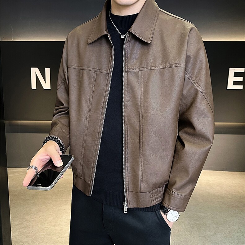 25881-M-4XL-P145店主风秋季男士休闲百搭明线设计翻领皮衣外套男,男装皮衣,电商B255