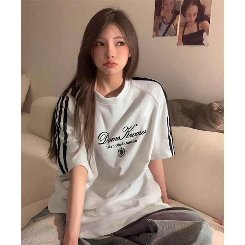 抖音得物品质二开240克宽松纯棉美式潮牌印花三条杠中性风短袖T恤，男装T恤，电商A486-1