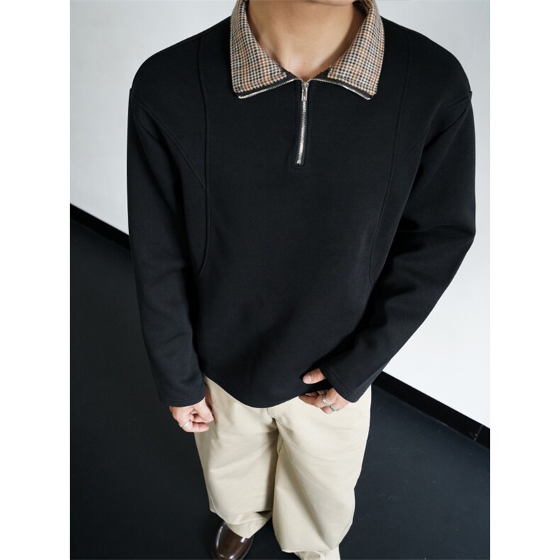 网图现货格子拼接翻领polo衫男秋季宽松休闲长袖卫衣特P38，男装Polo衫，电商C306-1