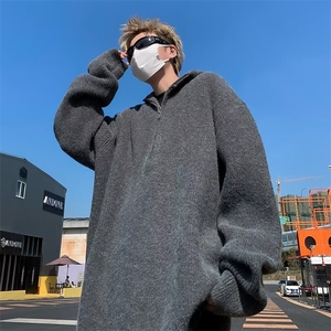 复古小众半拉链连帽毛衣男韩版纯色oversize秋冬针织衫外套-M0029图片
