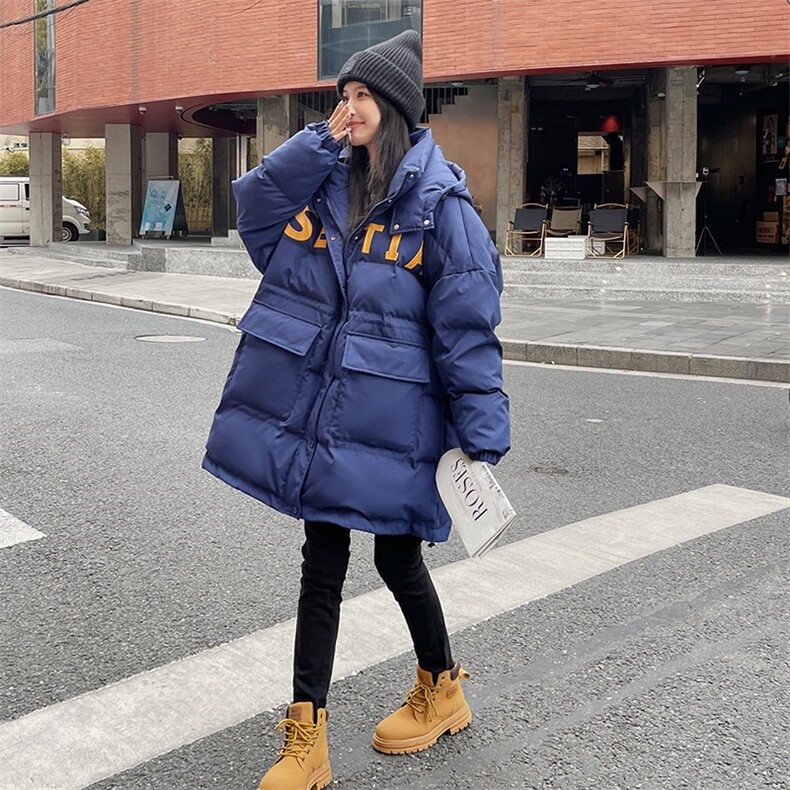 蓝色羽绒棉服女冬季2025新款宽松中长款加厚面包服小个子棉袄外套,女装棉衣/棉服,2C201