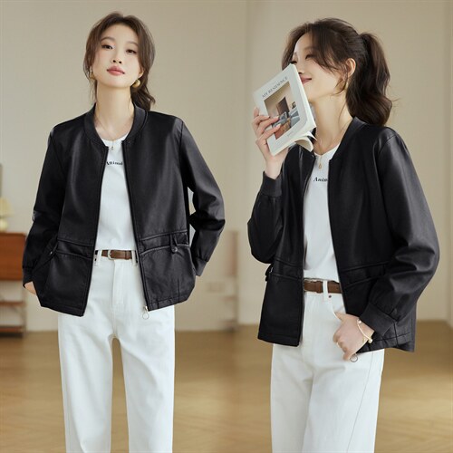 2026年春季棒球领休闲水洗皮短款外套，女装皮衣，文熹诺