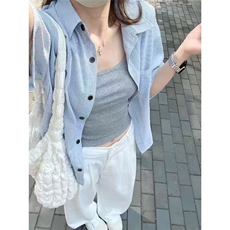 淡人系通勤穿搭衬衣女款2025新款超好看正肩蓝色条纹短袖衬衫，男装T恤，星座506A