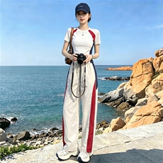 潮流时尚休闲运动套装女夏季新款显瘦竖纹圆领短袖上衣长裤两件套，女装套装/套裙，江南