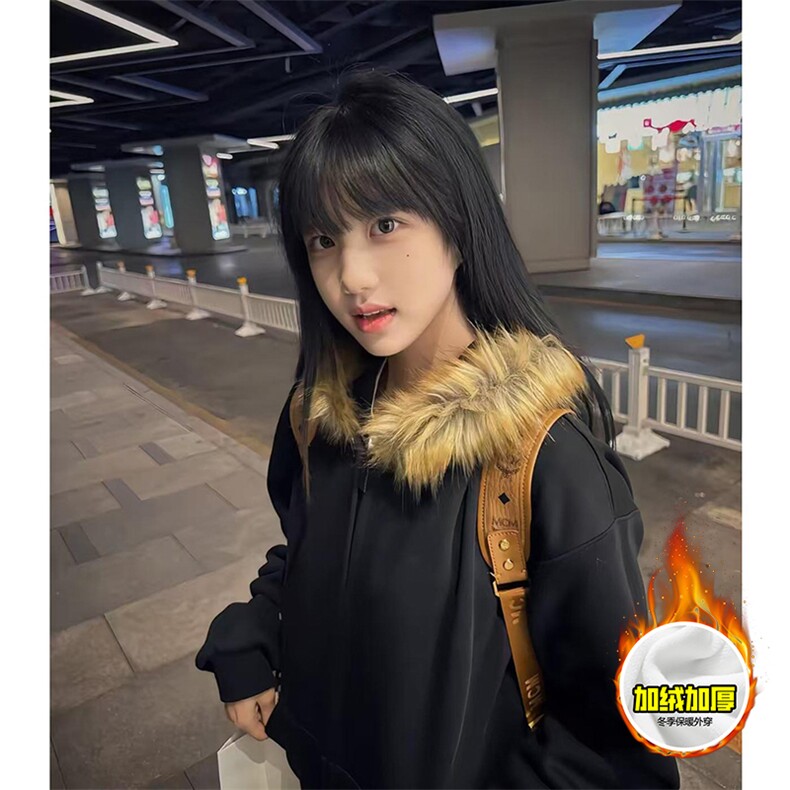 480G重磅加绒硬挺boxy秋冬美式高街超大毛领座山雕连帽卫衣厚外套，女装短外套，电商A486-1