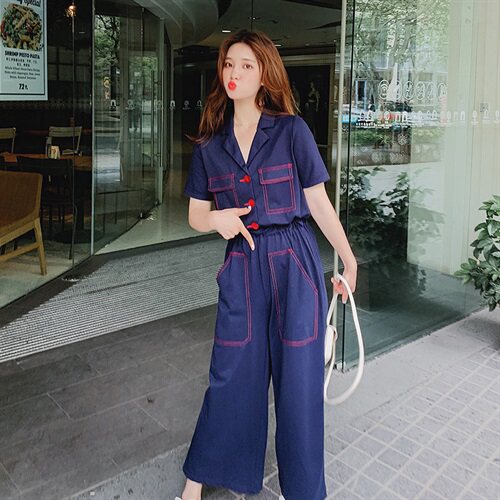 2021夏装新款网红流行工装短袖连体裤宽松V领阔腿裤女装长裤,女装连衣裙,红依娜