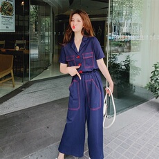 2021夏装新款网红流行工装短袖连体裤宽松V领阔腿裤女装长裤，女装连衣裙，红依娜