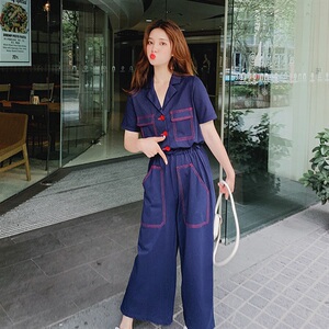 2021夏装新款网红流行工装短袖连体裤宽松V领阔腿裤女装长裤图片
