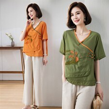 现货2023小众设计复古盘扣设计文艺刺绣休闲套装，女装套装/套裙，深水步