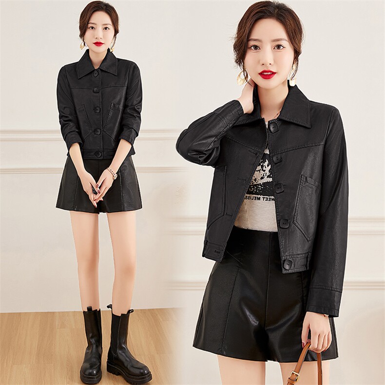 皮衣外套女2023年春季新款水洗皮机车服显瘦pu皮夹克韩版短外套潮,女装皮衣,江南女神