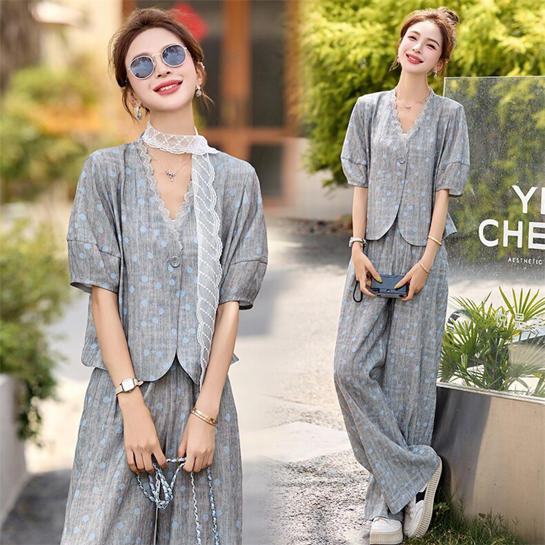 蕾丝拼接波点薄款短袖西装套装裤女夏2026新款超火独特漂亮两件套，女装套装/套裙，美沁