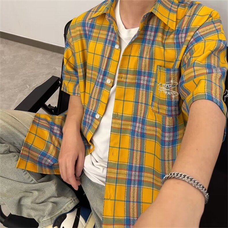 复古美式拼接撞色插肩袖polo衫男短袖夏季宽松潮牌衬衫,男装衬衫,星座716-4