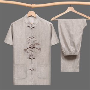M-7XL夏季唐装套装中老年短袖薄款亚麻唐装男士大码套装001款,男装民族服装,星座802