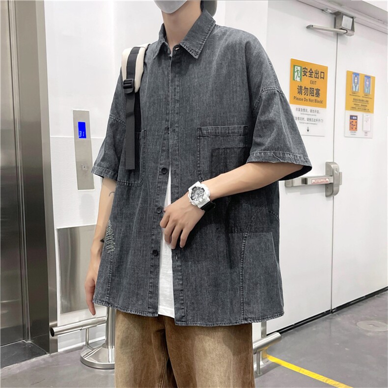 夏季薄款七分袖外套ins潮流宽松衬衣男牛仔短袖衬衫W3247-P48,男装衬衫,星座512-2