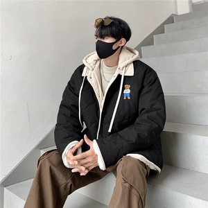 港风灯芯绒拼接连帽棉衣男假两件葫芦型小熊棉衣男8713P135控168