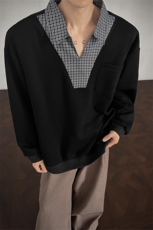 WY10153-特P48控88小众撞色面料拼接格子假两件大码男宽松卫衣，男装卫衣，电商A059