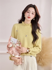 套头打底外穿毛织宽松毛衣带花朵，女装针织衫/毛衣，乐吉娜