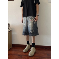 复古链子卡通印花牛仔七分裤女夏季街头宽松蓝色五分裤ND251，男装牛仔裤，星座1116A（原606A-3）