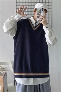 20秋冬 港风针织开衫V领毛衣马甲背心情侣JKDK学院风制服 W09/P55图片