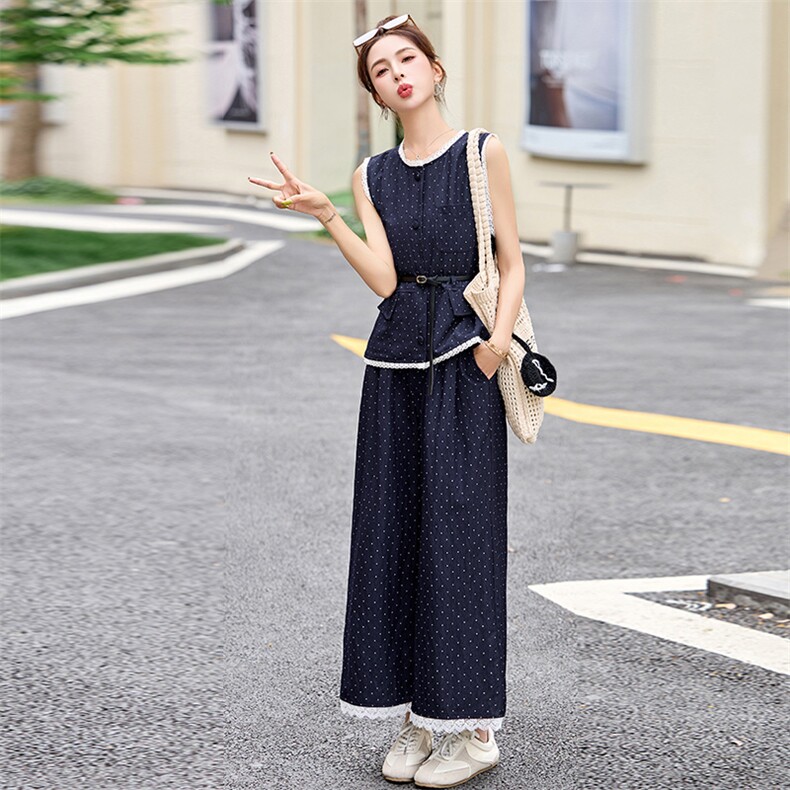 蕾丝花边拼接波点套装裤女2025夏季新款无袖马甲背心阔腿裤两件套,女装套装/套裙,沁沁公主