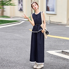 蕾丝花边拼接波点套装裤女2025夏季新款无袖马甲背心阔腿裤两件套，女装套装/套裙，沁沁公主