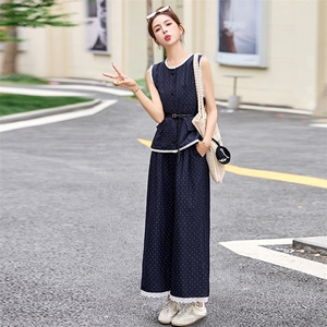蕾丝花边拼接波点套装裤女2025夏季新款无袖马甲背心阔腿裤两件套图片