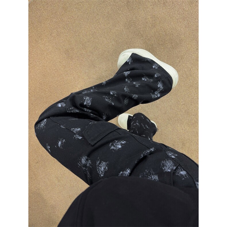 ins高街宽松印花工装牛仔裤男春秋季直筒设计感休闲微喇阔腿长裤,男装牛仔裤,电商B221