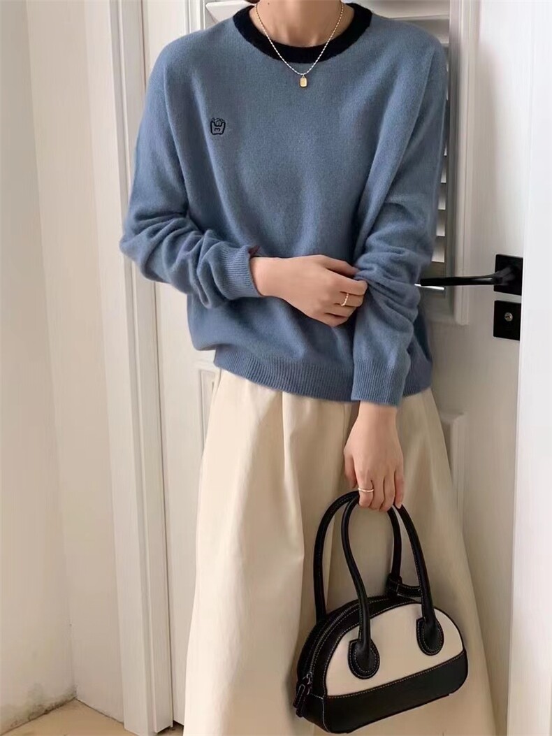 时尚百搭拼色刺绣圆领针织衫女春秋宽松毛衣撞色羊毛打底衫,针织衫/毛衣,半城羊绒
