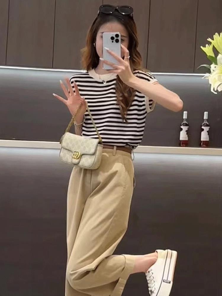 夏季新款条纹飞飞袖羊毛短袖女,女装T恤,佳弈羊绒