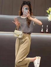 夏季新款条纹飞飞袖羊毛短袖女，女装T恤，佳弈羊绒