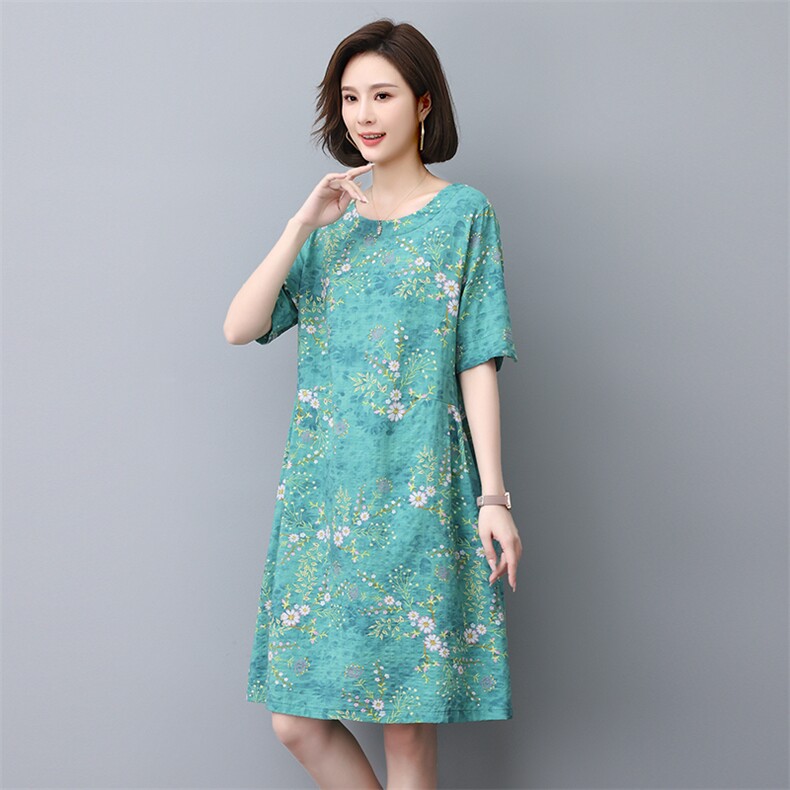 香港新品民族风印花棉质短袖连衣裙女中长宽松遮肚子显瘦，女装连衣裙，涵誉