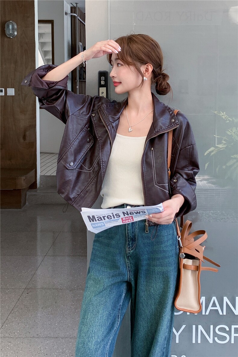 时尚复古新潮pu皮衣春秋季新款女装机车显瘦帅气翻领甜酷短外套女,女装短外套,意芙