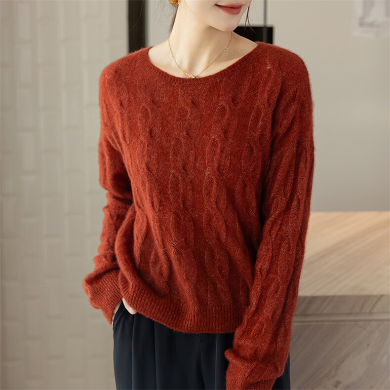 24秋冬季山羊绒衫女圆领套头麻花毛衣宽松加厚绞花羊毛针织打底衫，女装羊绒衫，咔绒特
