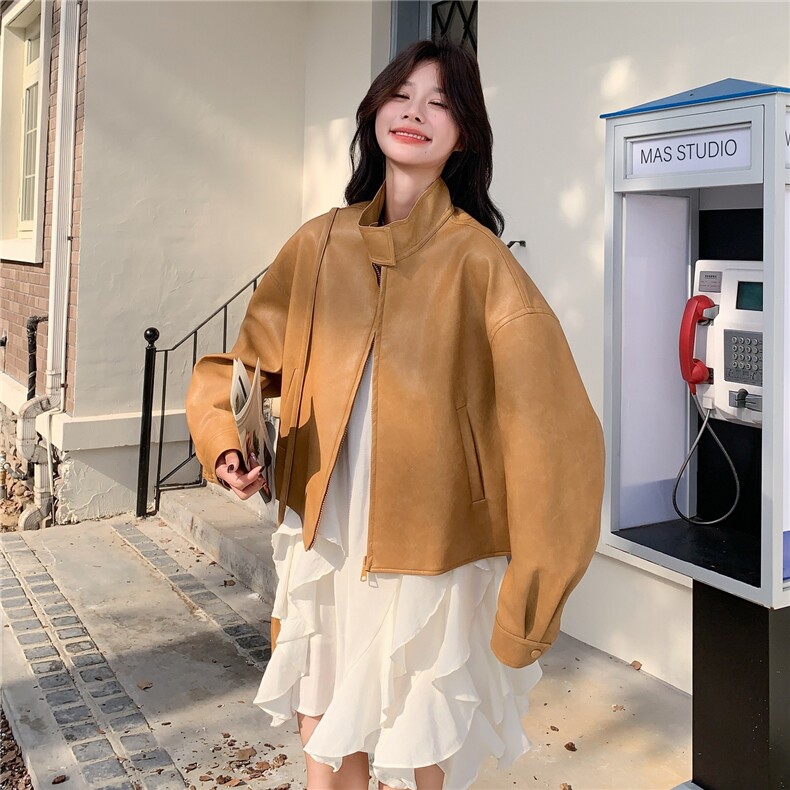 高级小众韩系慵懒chic黄色皮衣外套女春秋超火好看漂亮短夹克上衣,女装皮衣,2C375