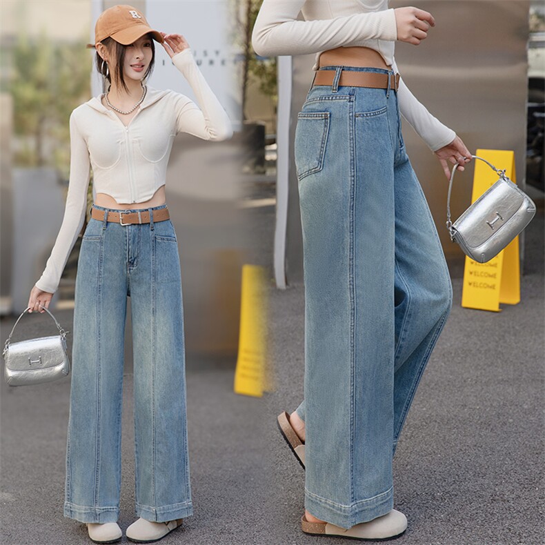 高级感浅蓝色阔腿牛仔裤女春季2025新款高腰宽松垂感小个子直筒裤，女装牛仔裤，美拉德工厂直营店